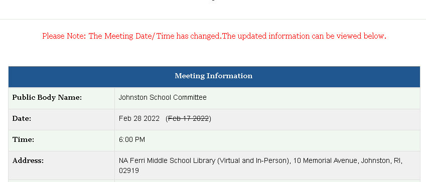 DELAYED: The Johnston School Committee had planned to vote Thursday night (Feb. 17) on a school-wide mask mandate, but the meeting has been postponed to Monday, Feb. 28.